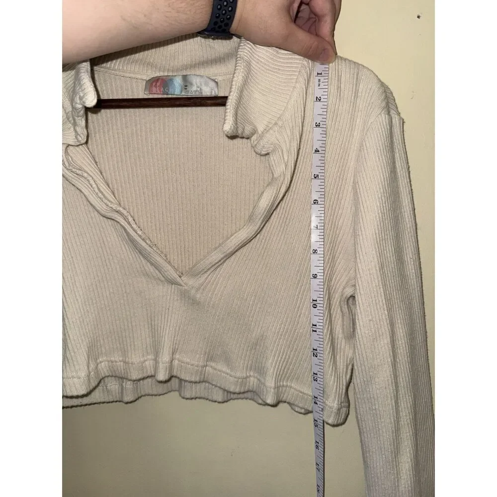 Free People FP Beach Cream Ribbed Cropped Collared Plunge Long Sleeve Top M